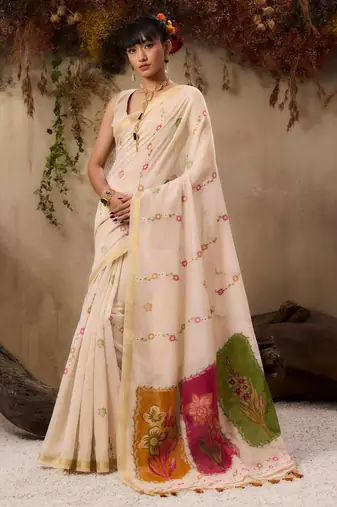 Beige color muga cotton fabric resham woven designer ethnic saree