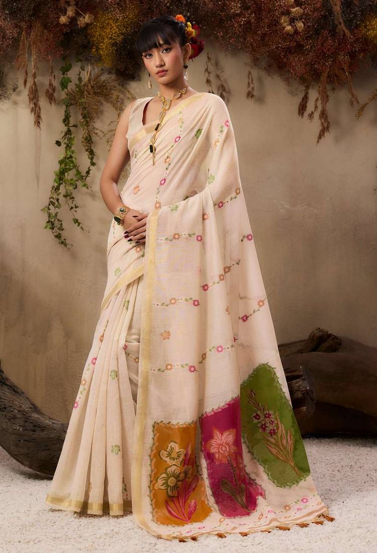 Beige color muga cotton fabric resham woven designer ethnic saree