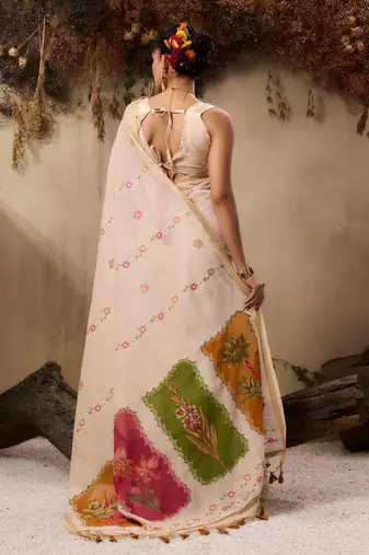 Beige muga cotton resham woven ethnic saree