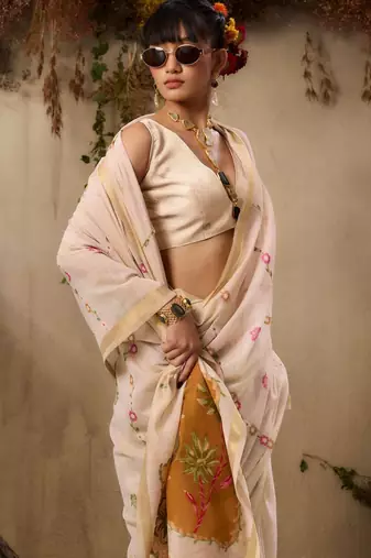 Beige muga cotton resham woven ethnic saree