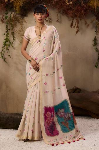 Beige color muga cotton fabric resham woven designer ethnic saree