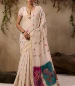Beige muga cotton fabric resham woven designer ethnic saree