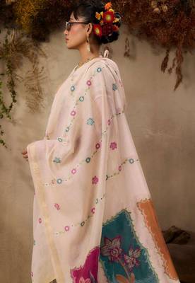 Beige muga cotton resham woven ethnic saree 3