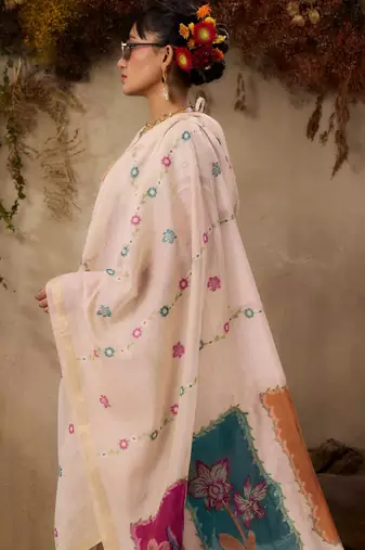 Beige muga cotton resham woven ethnic saree