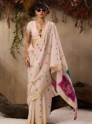 Beige muga cotton resham woven ethnic saree 4