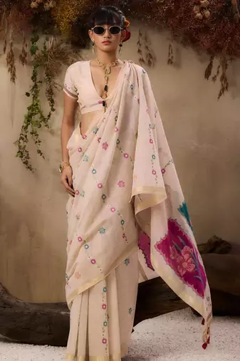 Beige muga cotton resham woven ethnic saree