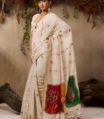 Beige muga cotton fabric resham woven designer ethnic saree