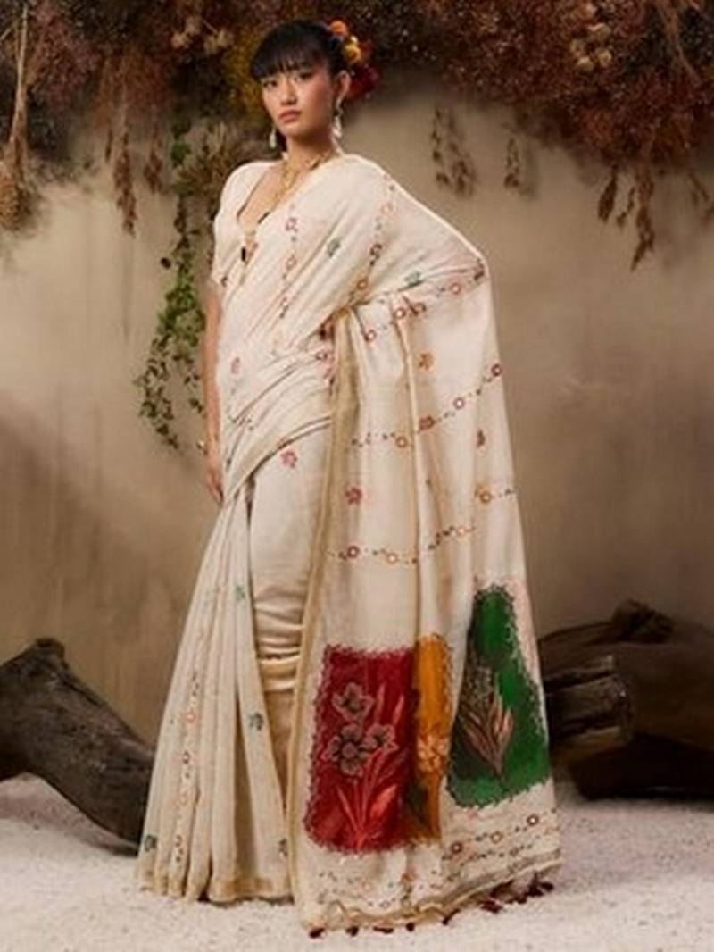 Beige color muga cotton fabric resham woven designer ethnic saree
