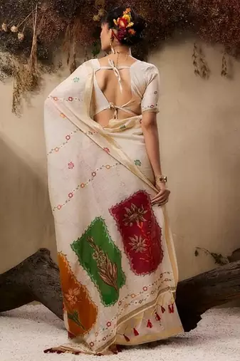 Beige muga cotton resham woven ethnic saree