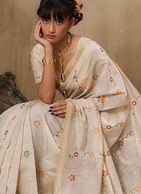 Beige muga cotton resham woven ethnic saree 4