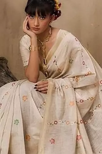 Beige muga cotton resham woven ethnic saree