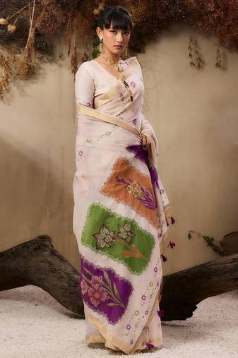 Beige color muga cotton fabric resham woven designer ethnic saree