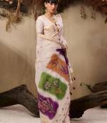Beige muga cotton fabric resham woven designer ethnic saree