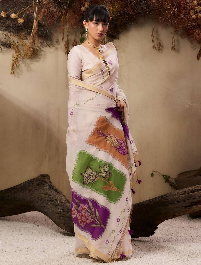 Beige color muga cotton fabric resham woven designer ethnic saree