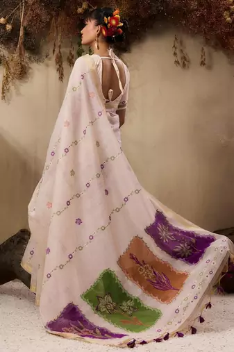 Beige muga cotton resham woven ethnic saree
