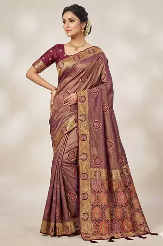 Soft Nylon Orignal Zarkan Work With Piping & Tassels Tissue Woven Saree With Blouse Set For Women's