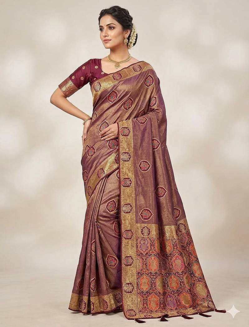 Soft Nylon Orignal Zarkan Work With Piping & Tassels Tissue Woven Saree With Blouse Set For Women's