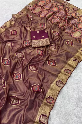 gold tissue saree with zarkan work tassel design