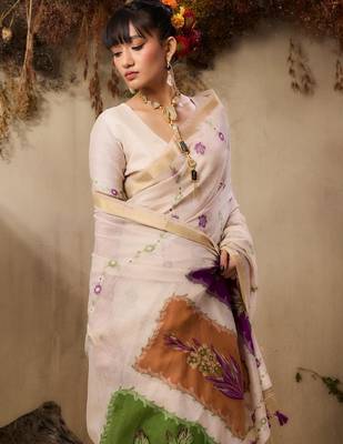 Beige muga cotton resham woven ethnic saree 3