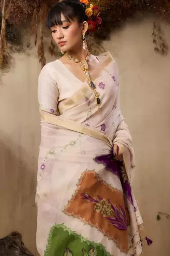 Beige muga cotton resham woven ethnic saree