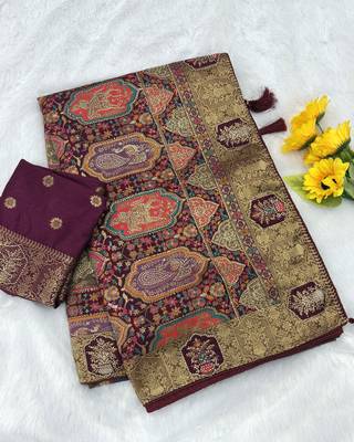 gold tissue saree with zarkan work tassel design 3