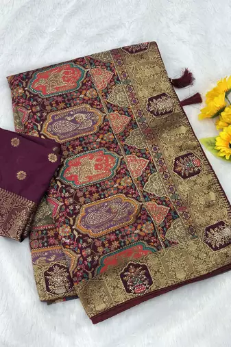 gold tissue saree with zarkan work tassel design