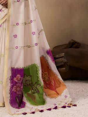 Beige muga cotton resham woven ethnic saree 4