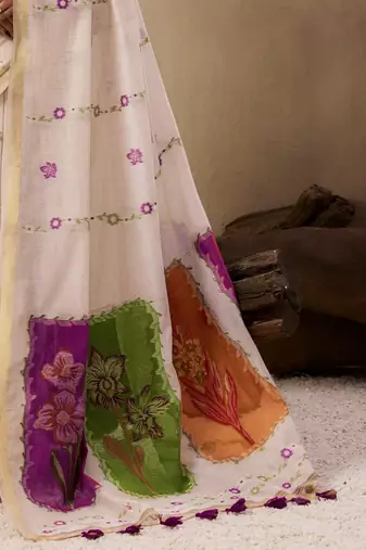 Beige muga cotton resham woven ethnic saree
