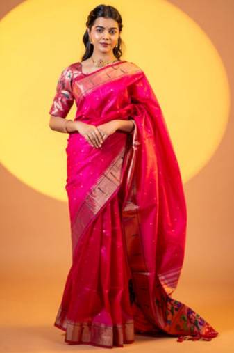 Pink color khadi raw silk fabric designer ceremonial traditional saree