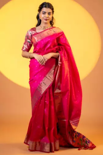 Pink color khadi raw silk fabric designer ceremonial traditional saree