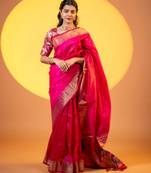 Pink khadi raw silk fabric designer ceremonial traditional saree