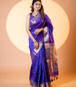 Blue khadi raw silk fabric designer ceremonial traditional saree