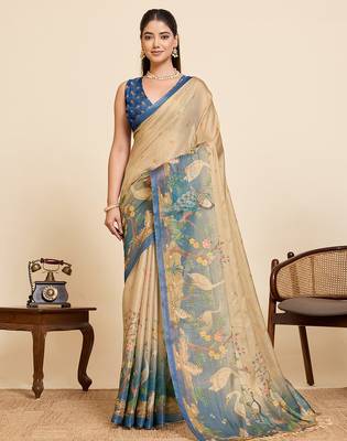 Beige linen beautful ethnic partywear saree 1