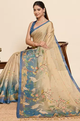 Beige linen beautful ethnic partywear saree