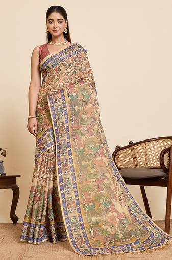 Beige color linen fabric beautful ethnic partywear saree