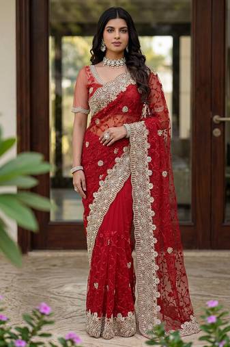 Blue color net fabric wedding wear heavy embroidery work with pearls diamonds work saree