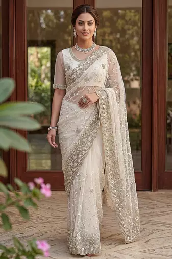 Blue color net fabric wedding wear heavy embroidery work with pearls diamonds work saree