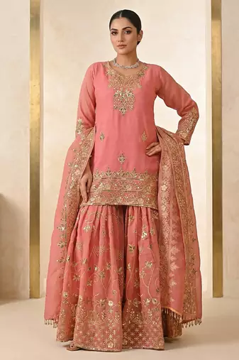 Peach heavy crunchy silk embroidered and sequins work salwar suit
