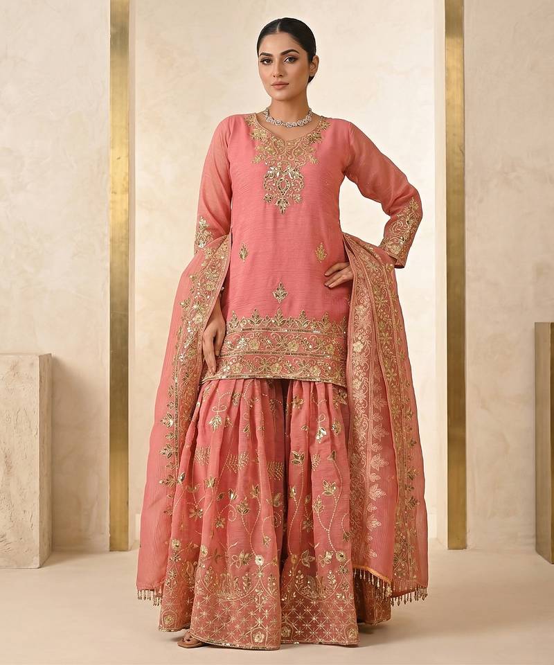 Peach heavy crunchy silk embroidered and sequins work salwar suit