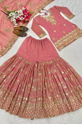 peach silk salwar suit with sequin embroidery work