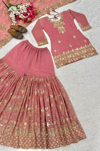 peach silk salwar suit with sequin embroidery work