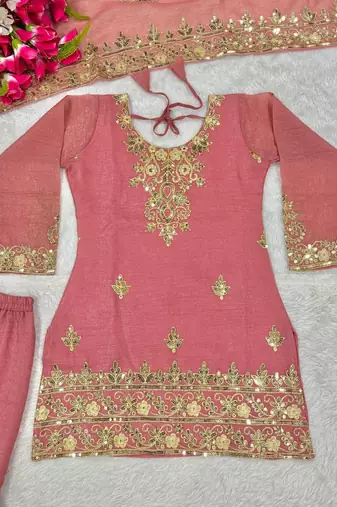 peach silk salwar suit with sequin embroidery work