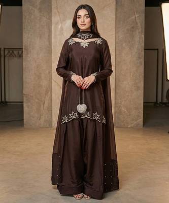 brown crepe salwar suit with moti embroidery work 1