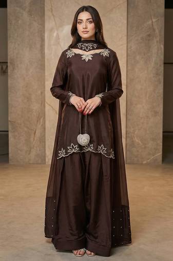 Brown embroidered with moti work heavy natural crep kurta with farshi salwar