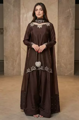 Brown embroidered with moti work heavy natural crep kurta with farshi salwar