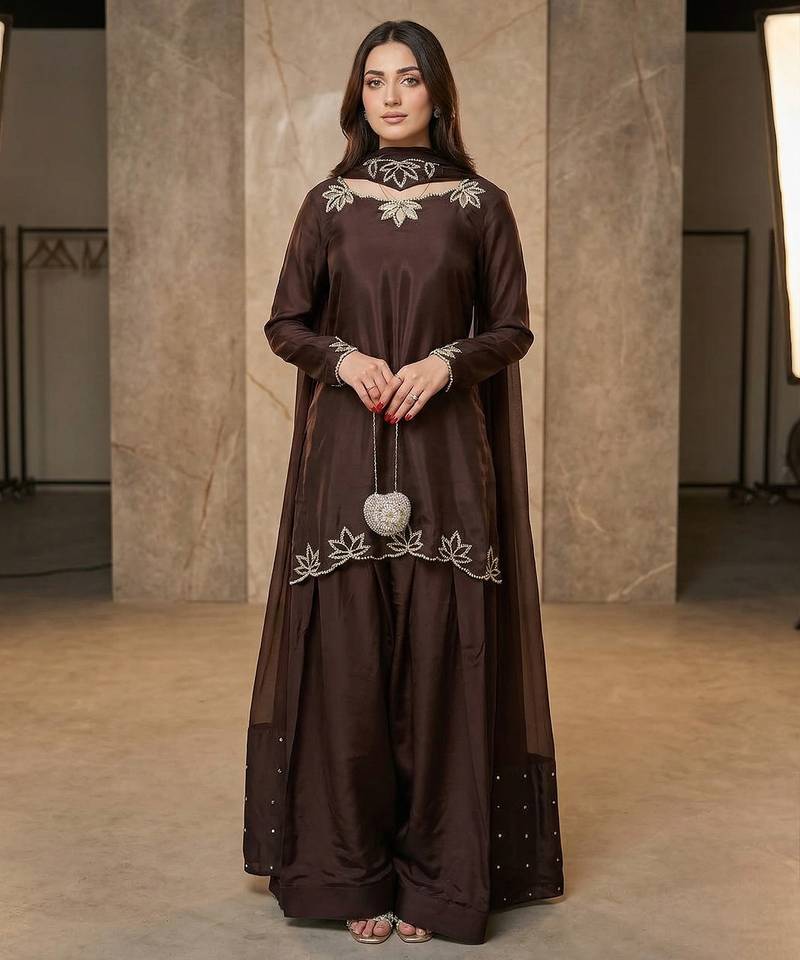 Brown embroidered with moti work heavy natural crep kurta with farshi salwar