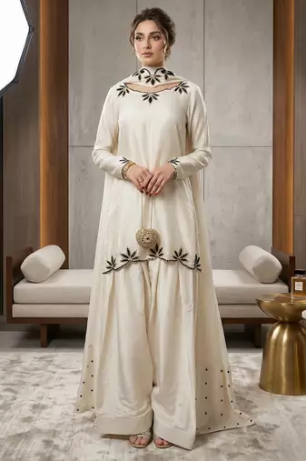 White embroidered with moti work heavy natural crep kurta with farshi salwar