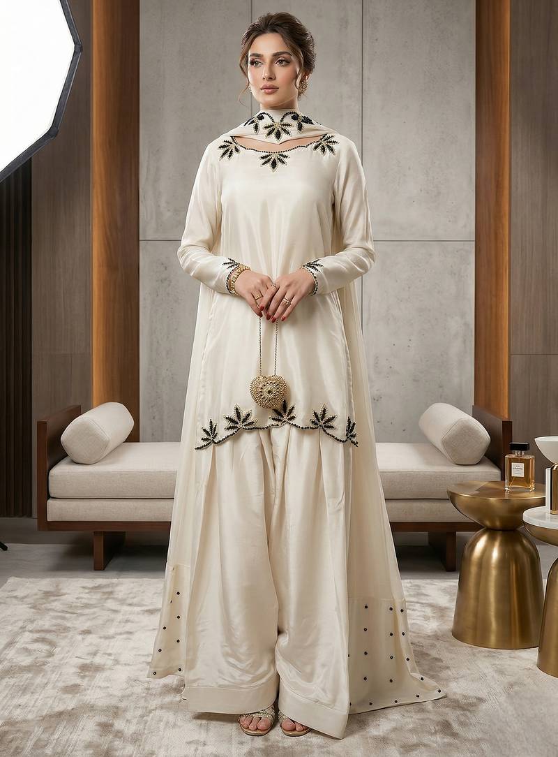 White embroidered with moti work heavy natural crep kurta with farshi salwar