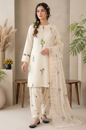 Ivory embroidered pure cotton silk kurta with farshi salwar
