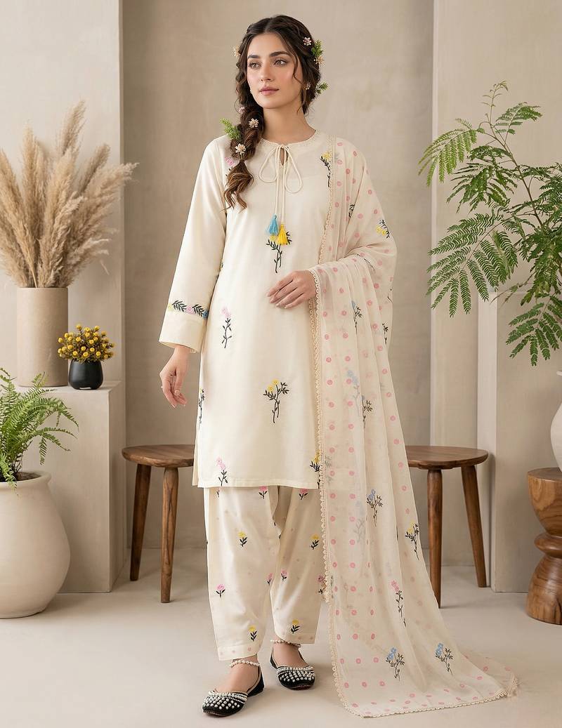 Ivory embroidered pure cotton silk kurta with farshi salwar